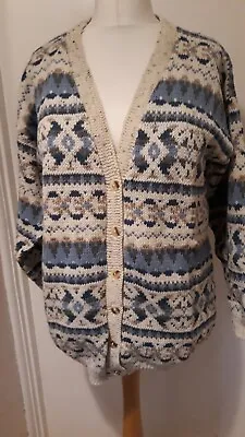 Nwt-La Maille Paris-Gorgeous Wool  Mix Blue And Cream Fair Isle Cardigan-14-18 • £14