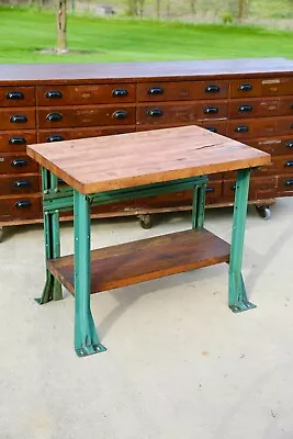 Vintage Antique Workbench Butcher Block Wood Top Kitchen Island Industrial Green • $1250