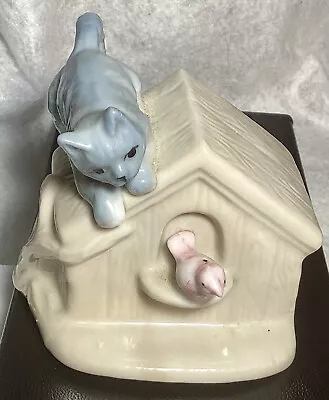 Vintage Cute! Porcelain Blue Kitty Cat On Bird House Figurine • $0.99