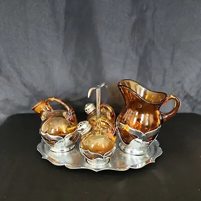 4 Pc Farber Bros CAMBRIDGE Krome Kraft Amber  Creamer S&P And Oil Cont. W/tray • $75