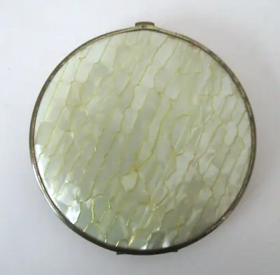 Round Gold Trimmed Mother Of Pearl Powder Compact W/Double Mirrors 3.5  Vtg AZ48 • $14.99