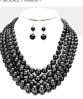 Black Pearl 5 Row Multi Strand Layered Bead Chunky Jewelry Necklace Set • $17