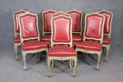 Fine Set 8 Red Leather Gold Embossed Tall French Louis XV Painted Dining Chairs • $4945.50