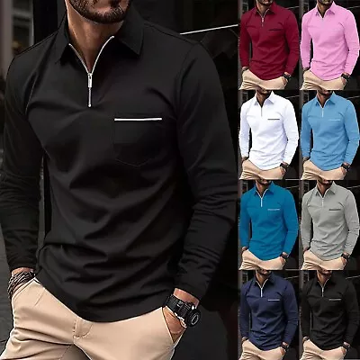 Mens Long Sleeve Polo Shirts With Pocket Casual Slim Fit Zip Golf T-shirt Blouse • $20.99