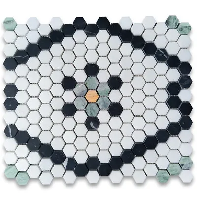 T31F6XH Thassos White Marble Hexagon Snowflake Mosaic Tile Black Green Gold • $54.99