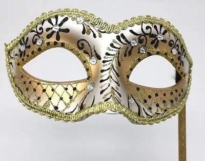Black & Gold Venetian Masquerade Party Prom Ball Diamonte Mask Hand Held Stick • £12.95