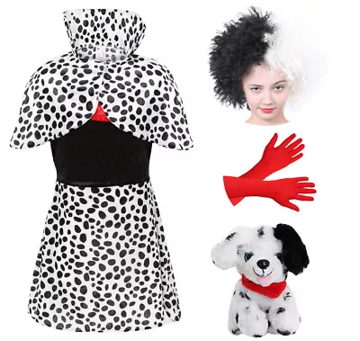 Childs Cruella Costume Deluxe Dress Girls World Book Day Dalmatian Fancy Dress • £13.59