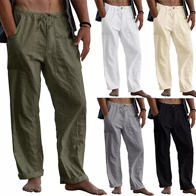 $17.88 • Buy Men's Loose Cotton Linen Pants Summer Beach Yoga Drawstring Elasticated Trousers