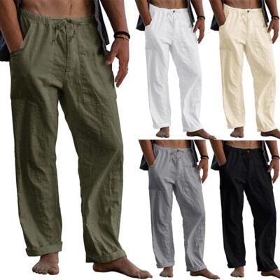 $17.88 • Buy Men's Loose Cotton Linen Pants Summer Beach Yoga Drawstring Elasticated Trousers