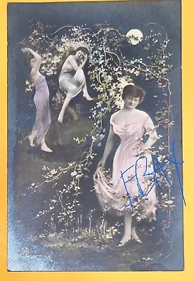 Vintage Real Photo Postcard Carte Postale-3 Women Hand Colored Dresses Moon • $8.95
