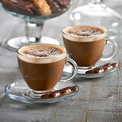 Glass Coffee Cappuccino Tea Cups & Saucers Set Small 200ml Hot Drinks Glasses • £18