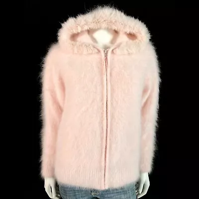 80% Angora Fuzzy Vintage FULLY FASHION Pink Fur Zipper Hoodie Sweater 38 In Bust • $199.99