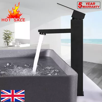 Tall Faucet Basin Mixer Tap High Rise Bathroom Sink Matt Black Square Hot + Cold • £13.99