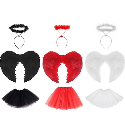 Adult Angel Devil Feather Wings Halo Halloween Fancy Dress Costume Party Outfit • £11.59