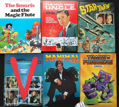 6 ANNUALS MANIMAL  TRANSFORMERS  V SMURFS  MAN FROM UNCLE  STAR TREK 1980’s • £39.99