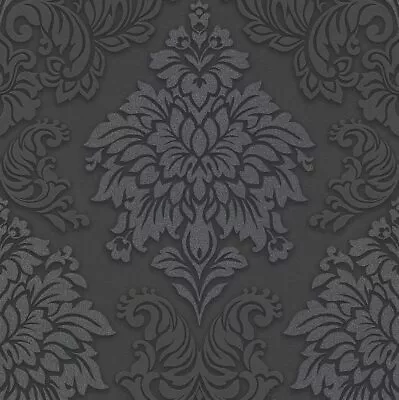 Black Glitter Detail Classic Damask Wallpaper - 10m Roll • $125