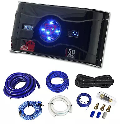 Rockville 50 Farad Hybrid LED Car Capacitor W/Dual Meters+0 Gauge Amp Wire Kit • $154.95