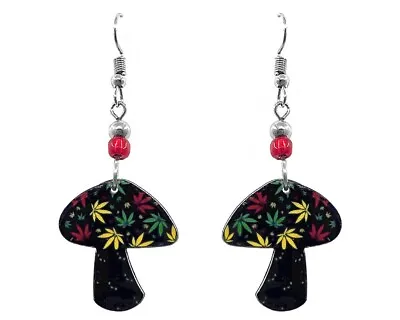 Rasta Pot Leaf Mushroom Earrings Psychedelic Fungi Art Trippy Hippie 420 Jewelry • $13.99