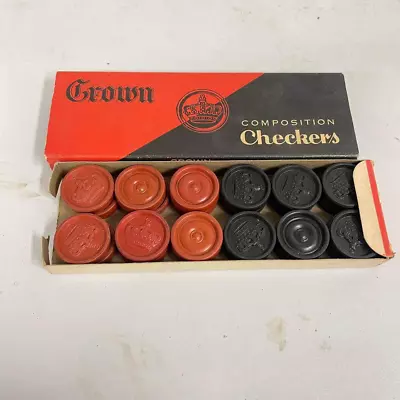 VTG Crown Clay? Composition Checkers In Original Box 30 Checkers Red Black - HLN • $30