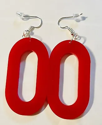 60s 70s 80s RED Oval GEOMETRIC Dangle Drop Earrings  Club Festival Retro COSPLAY • £3