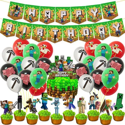 $17.76 • Buy Minecraft Theme Kids Birthday Party Banner Balloons Cake Topper Decoration Set 