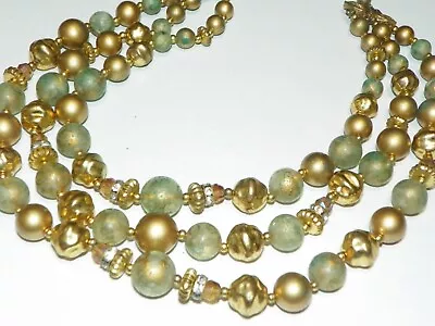 DeVille Signed 3 Strand Shades Of Green Gold Ronelle Beads 16  Necklace 50s VTG • $9.99