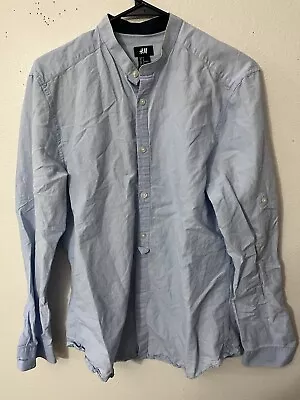 H&M Button Up Shirt Men’s Solid  Blue Medium Long Sleeves Banded Collar • $8.15