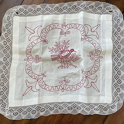 Vintage Linen Embroidered Bird Tablecloth Wallhanging Crocheted Lace 30”x32” • $39.90