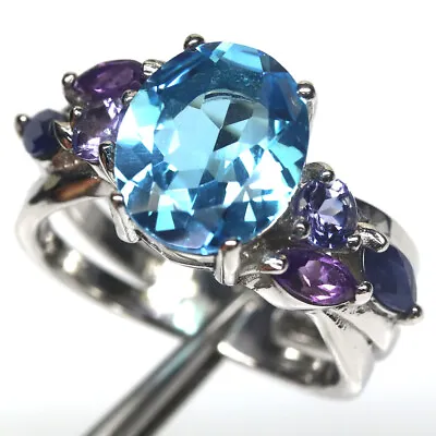 Gemstone Swiss Blue Topaz Amethyst Sapphire Jewelry Ring 925 Silver Size 5.75 • £158.62