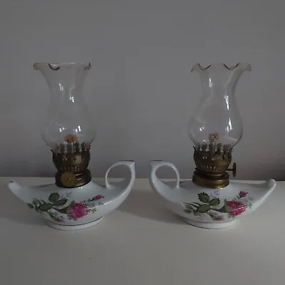 Pair Of Vintage Decorative Genie Oil Lamps Moss Rose Design • $15