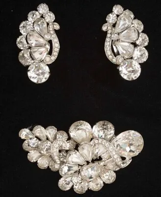 Vintage Signed Eisenberg Rhodium & Crystal Rhinestone Brooch & Clip Earrings Set • $75