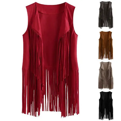 Women Boho Cowgirl Tassel Fringed Vest Sleeveless Western Suede Cardigan Tops UK • £15.67