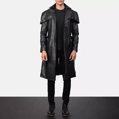 Mens Black Leather Trench Duster Coat • $89.99