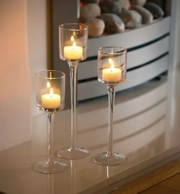£14.99 • Buy Luxury 3 Set Tall Glass Large Candle Holders Centrepiece Tea Light Wedding Décor