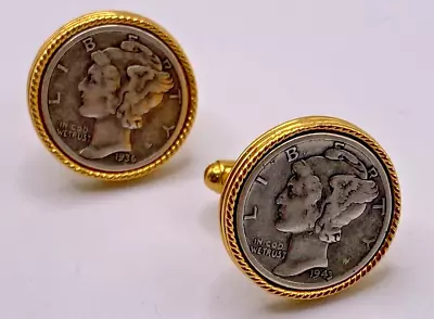 Silver Mercury Dime Goldtone Rope Bezel Coin Cuff Links • $24.99