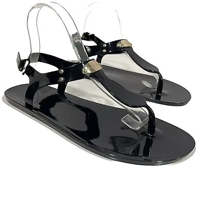 MICHAEL KORS MK Plate Iconin Black Jelly Logo Womens Flats Thong Shoes Size 10 • $28.88