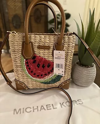 NWT MICHAEL KORS Malibu Medium Straw Tropical Rafia Bag Watermelon Rt$228 NICE! • $94.99