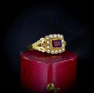 £195 • Buy Garnet And Pearl Cluster Halo 18ct Yellow Gold Gilded Ring | Georgian Style