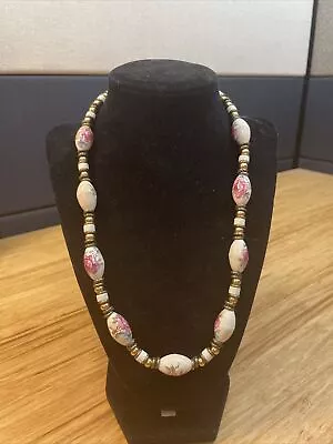 Vintage Rosebud And Cornflower Ivory Ceramic Beaded Necklace KG JD • $23