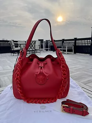 $2325 Versace La Medusa Red Leather Bucket Drawstring Crossbody Bag Purse Tote • $1829.69