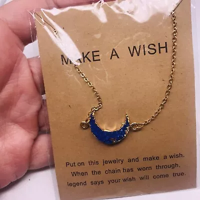 Make A Wish Necklace Blue Crescent Shape Gold Tone NEW • $12.29