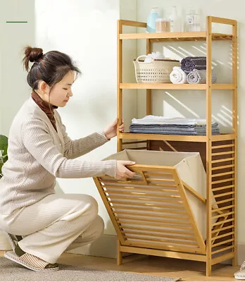 Wooden Bamboo Laundry Hamper Tilt Out Liner Bag Shelf Organizer Clothes Basket • $99.95