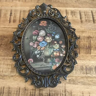 Vintage Floral Print Convex Glass Oval Ornate Metal Frame - Made In Italy • $39.99