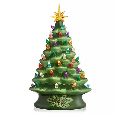 15  Pre-Lit Hand Painted Green Ceramic Christmas Tree Tabletop Decor With Lights • $24.95