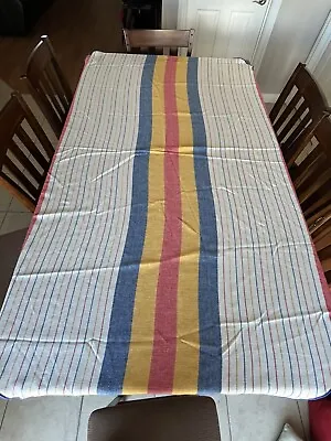 Vintage Woven Colorful Striped Tablecloth MCM Oval 84 X 59 Farmhouse • $40