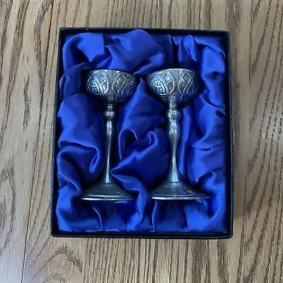 Religious Mullingar Ireland Pewter Goblet Chalice Set Of 2 Celtic Design 4.5” • $99