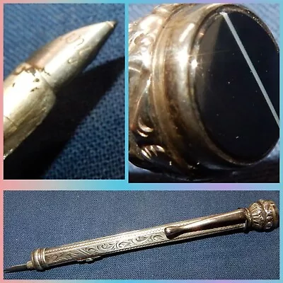 Antique Propelling Quill Pen Combination Pencil Silver + Agate Intaglio Seal • £0.99