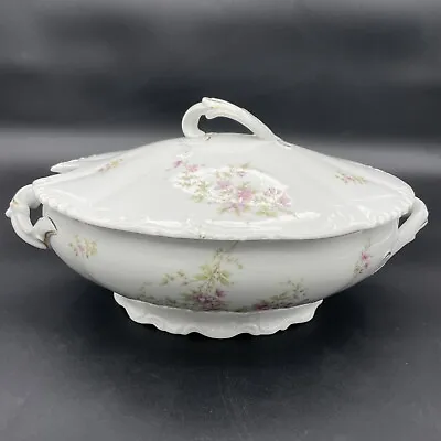Antique HABSBURG China Austria Oval Covered Vegetable Bowl Pink Flowers 12” X 7” • $42.96
