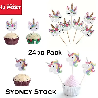 $7.50 • Buy Unicorn Cupcake Toppers 24PC Pack DIY 3 Designs Kids Birthday Party Sydney Stock