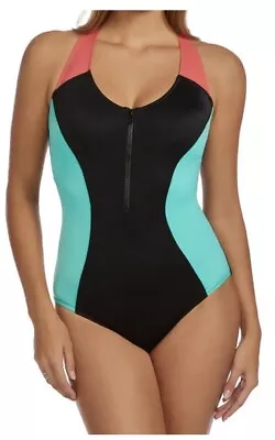 MAGICSUIT Dive In Nikki Zip Front Black Mint Coral Size 14 • $9.99